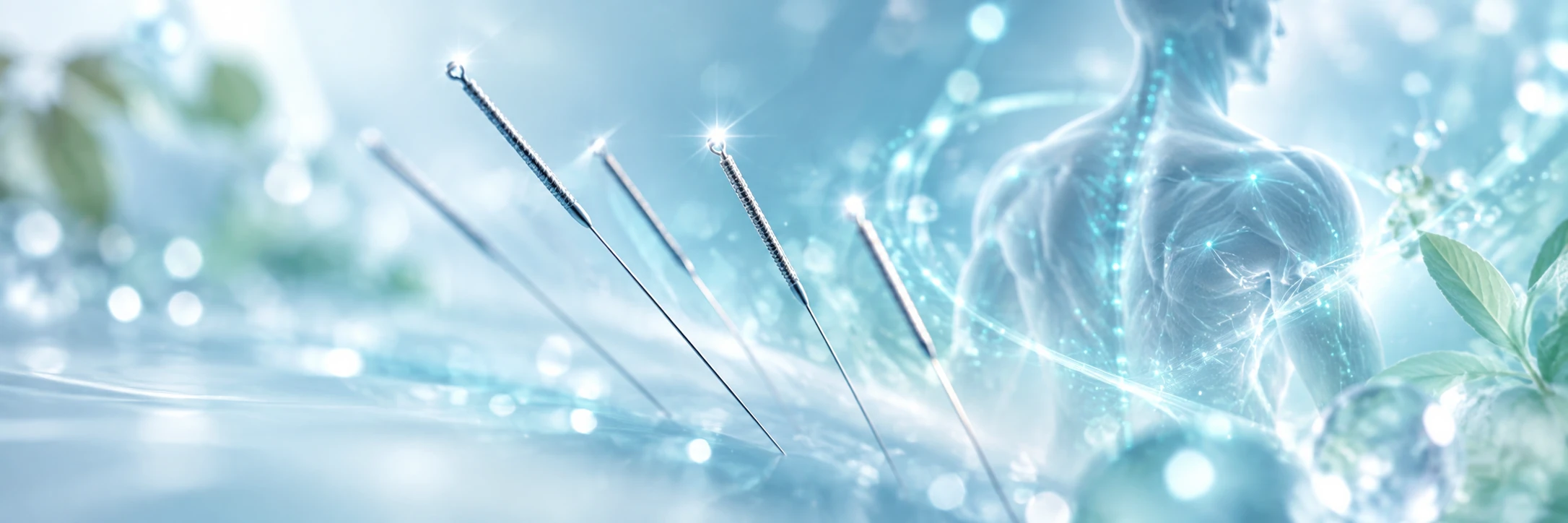 Silver acupuncture needles and a softly illuminated anatomical model