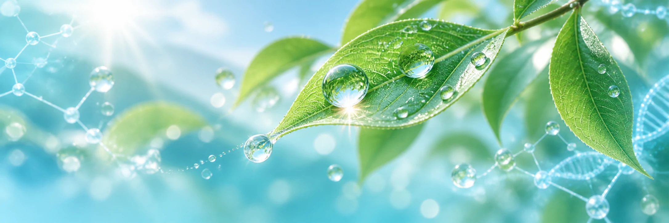 Fresh green leaves and luminous dew droplets