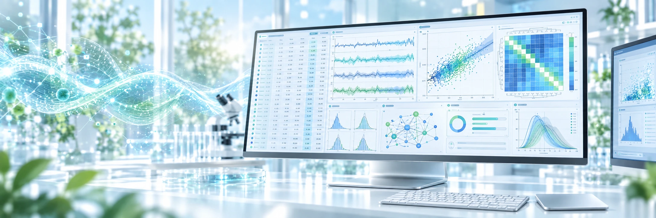 Bright computational research workspace with data analysis screens